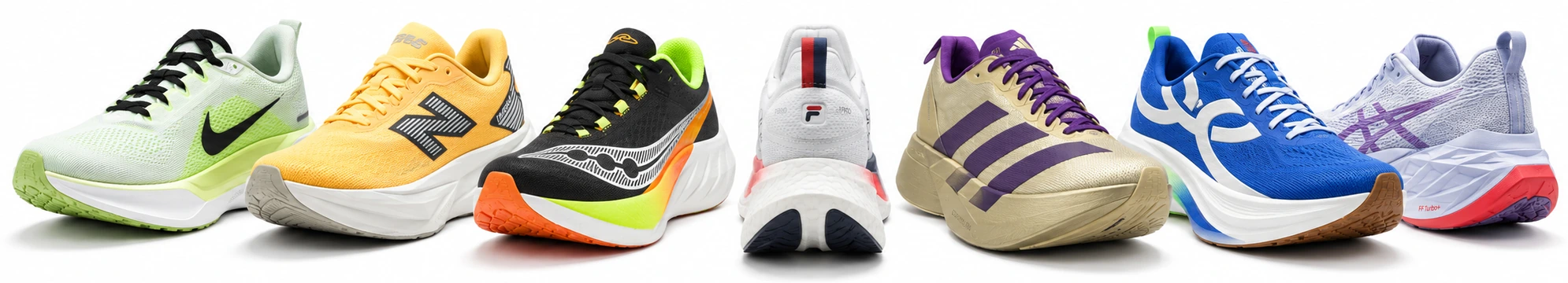 Sete tênis de corrida de marcas distintas: Nike, New Balance, Saucony, FILA, adidas, Olympikus e ASICS