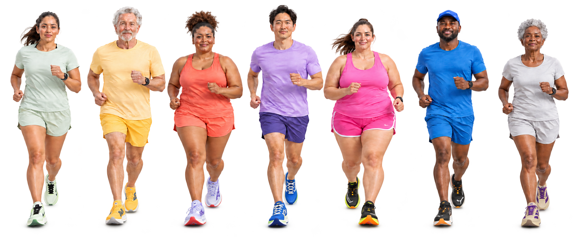 Sete pessoas de diferentes idades, raças e tipos de corpo correndo de frente, com roupas coloridas e um modelo distinto de tênis de corrida para cada pessoa