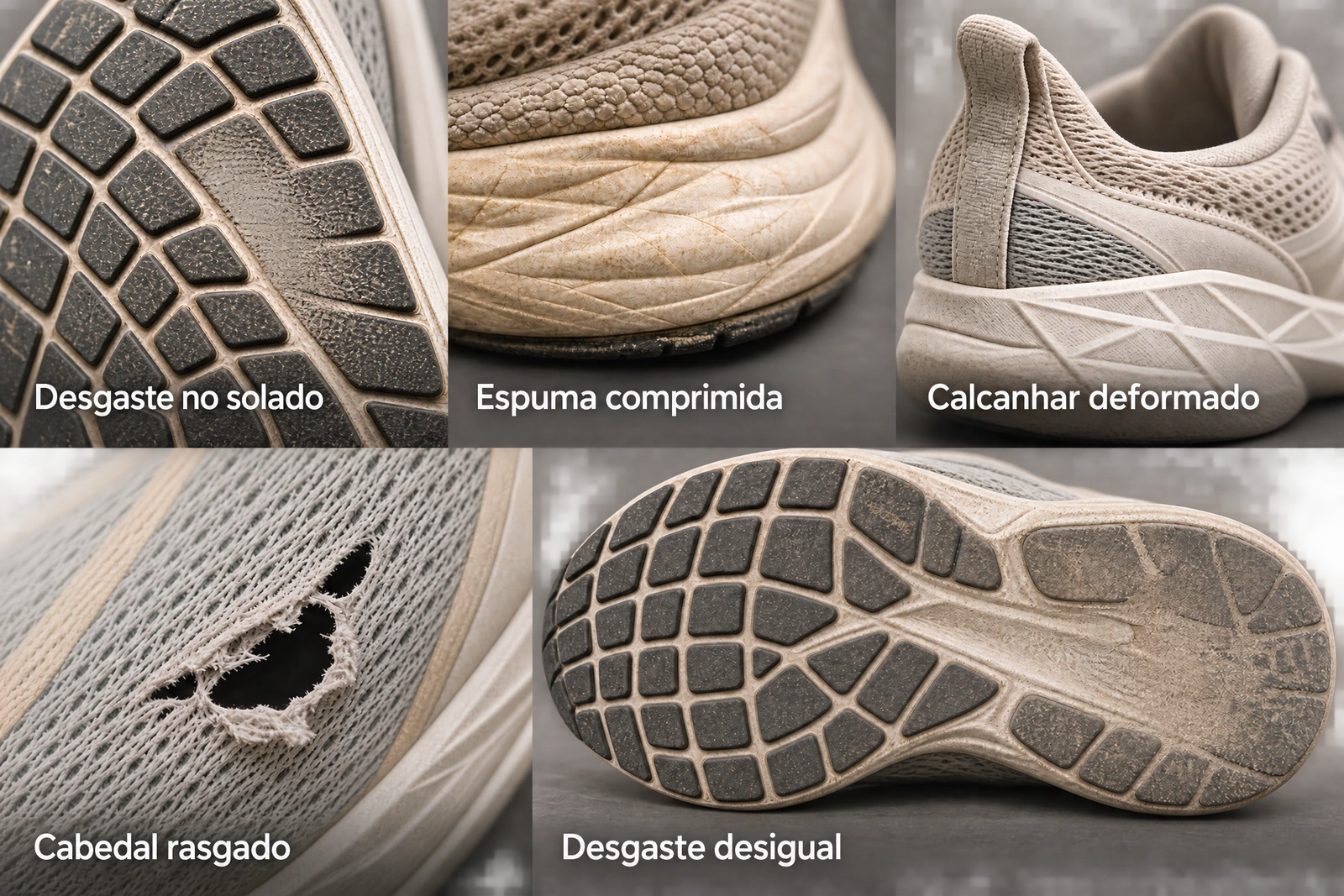 Cinco sinais de desgaste do tênis: desgaste no solado, espuma comprimida, calcanhar deformado, cabedal rasgado e desgaste desigual